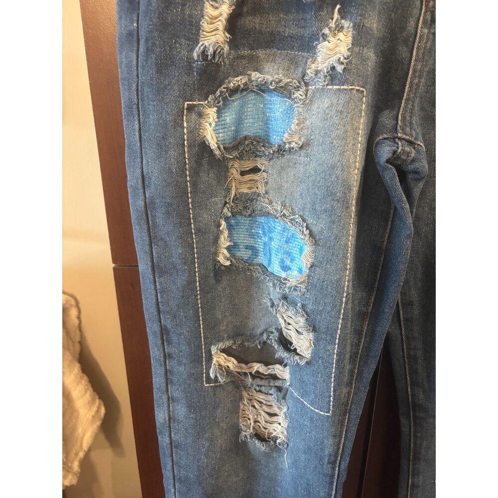 Distressed Jeans Blue Patchwork Denim Straight Leg - image 5